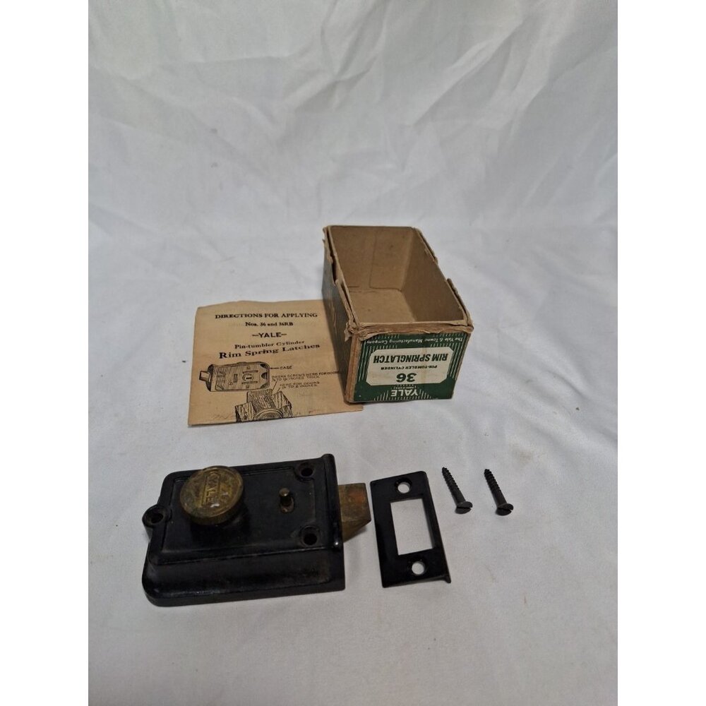 Vtg Yale Door Latch springlatch 36 With Original box, Black, Brass knob, USA